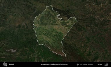 wojewodz2 podkarpackie. Polonya 'nın idari alanı, Mayıs 2021' de çekilen Kopernik Nöbetçi karolarından oluşan koyu renkli bir uydu görüntüsüyle vurgulandı ve özetlendi