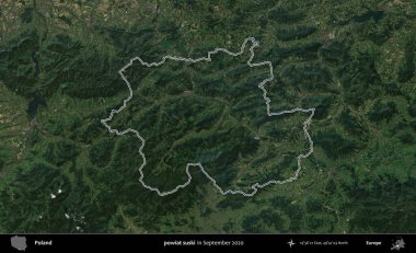 powiat suski. Eylül 2020 'de çekilen Kopernik Nöbetçi karolarından oluşan bir uydu görüntüsü üzerine Polonya' nın idari bölgesinin ana hatlarını çizdim.