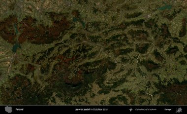 powiat suski. Polonya 'nın idari bölgesi, Ekim 2021' de çekilen Kopernik Sentinel karolarından oluşan bir uydu görüntüsü üzerine kurulmuştur.