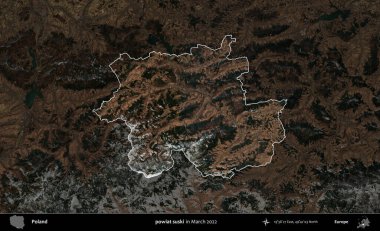 powiat suski. Polonya 'nın idari alanı, Mart 2022' de çekilen Kopernik Nöbetçi karolarından oluşan koyu renkli bir uydu görüntüsü üzerine vurgulandı ve özetlendi.
