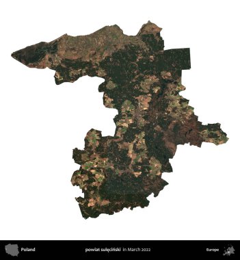 powiat sulecinski. Polonya idari bölgesi, Mart 2022 'de çekilen Kopernik Nöbetçi karolarından oluşan bir uydu görüntüsü üzerinde beyaza izole edildi.