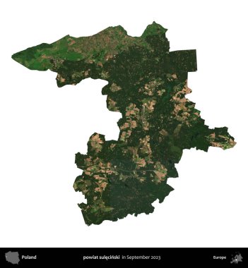 powiat sulecinski. Polonya idari bölgesi, Eylül 2023 'te çekilen Kopernik Nöbetçi karolarından oluşan bir uydu görüntüsü üzerinde beyaza izole edildi.