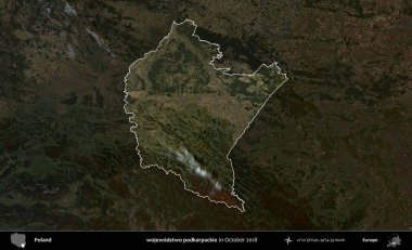 wojewodz2 podkarpackie. Polonya 'nın idari alanı, Ekim 2018' de çekilen Kopernik Nöbetçi karolarından oluşan koyu renkli bir uydu görüntüsü üzerine vurgulandı ve özetlendi