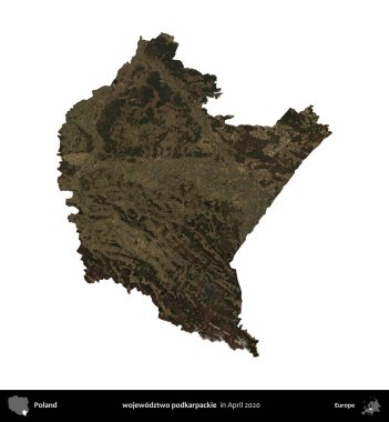 wojewodz2 podkarpackie. Polonya idari bölgesi, Nisan 2020 'de çekilen Kopernik Nöbetçi karolarından oluşan bir uydu görüntüsü üzerinde beyaza izole edildi.