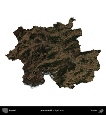 powiat suski. Polonya idari bölgesi, Nisan 2020 'de çekilen Kopernik Nöbetçi karolarından oluşan bir uydu görüntüsü üzerinde beyaza izole edildi.