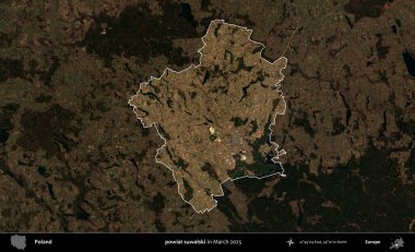 powiat suwalski. Polonya 'nın idari alanı, Mart 2025' te çekilen Kopernik Nöbetçi karolarından oluşan koyu renkli bir uydu görüntüsü üzerine vurgulandı ve özetlendi