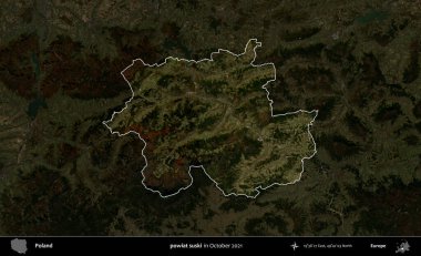 powiat suski. Polonya 'nın idari alanı, Ekim 2021' de çekilen Kopernik Nöbetçi karolarından oluşan koyu renkli bir uydu görüntüsü üzerine vurgulandı ve özetlendi