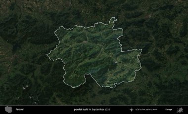 powiat suski. Polonya 'nın idari alanı, Eylül 2020' de çekilen Kopernik Nöbetçi karolarından oluşan koyu renkli bir uydu görüntüsü üzerine vurgulandı ve özetlendi