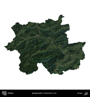powiat suski. Polonya idari bölgesi, Eylül 2020 'de çekilen Kopernik Nöbetçi karolarından oluşan bir uydu görüntüsü üzerinde beyaza izole edildi.