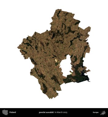 powiat suwalski. Polonya idari bölgesi, Mart 2025 'te çekilen Kopernik Nöbetçi karolarından oluşan bir uydu görüntüsü üzerinde beyaza izole edildi.