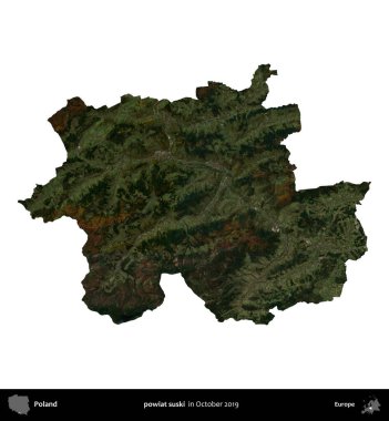 powiat suski. Polonya idari bölgesi, Ekim 2019 'da çekilen Kopernik Nöbetçi karolarından oluşan bir uydu görüntüsü üzerinde beyaza izole edildi.