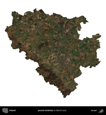powiat swidnicki. Polonya idari bölgesi, Mart 2025 'te çekilen Kopernik Nöbetçi karolarından oluşan bir uydu görüntüsü üzerinde beyaza izole edildi.