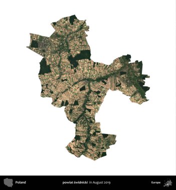 powiat swidnicki. Polonya idari bölgesi, Ağustos 2019 'da çekilen Kopernik Nöbetçi karolarından oluşan bir uydu görüntüsü üzerinde beyaza izole edildi.