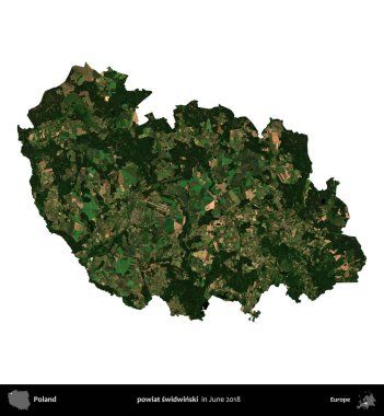 powiat swidwinski. Polonya idari bölgesi, Haziran 2018 'de çekilen Kopernik Nöbetçi karolarından oluşan bir uydu görüntüsü üzerinde beyaza izole edildi.