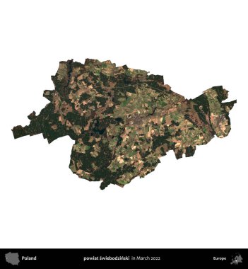 powiat swiebodzinski. Polonya idari bölgesi, Mart 2022 'de çekilen Kopernik Nöbetçi karolarından oluşan bir uydu görüntüsü üzerinde beyaza izole edildi.