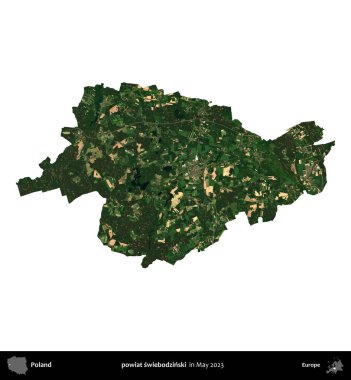 powiat swiebodzinski. Polonya 'nın idari bölgesi, Mayıs 2023' te çekilen Kopernik Nöbetçi Fayanslarından oluşan bir uydu görüntüsüyle beyaza izole edildi.