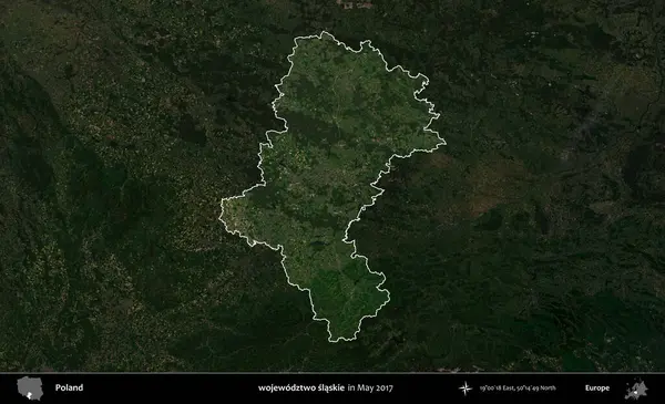 wojewodz2 slaskie. Polonya 'nın idari alanı, Mayıs 2017' de çekilen Kopernik Nöbetçi karolarından oluşan koyu renkli bir uydu görüntüsü üzerinde vurgulandı ve özetlendi.