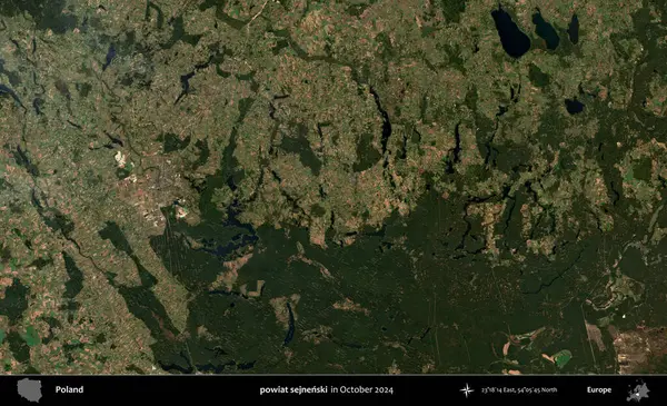 powiat sejnenski. Polonya 'nın idari bölgesi, Kopernik Sentinel' in Ekim 2024 'te çekilmiş uydu görüntüsü üzerine kurulmuştur.