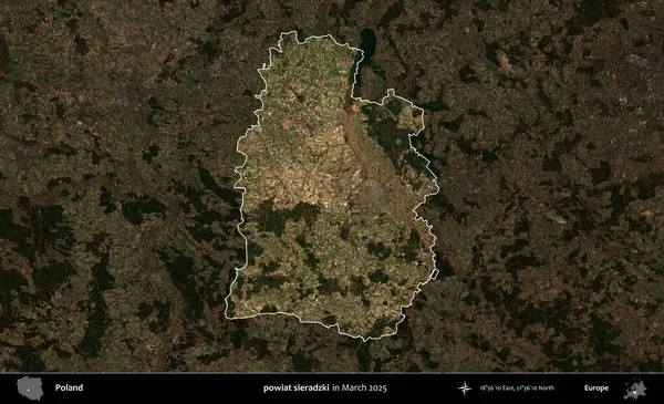 powiat sieradzki. Polonya 'nın idari alanı, Mart 2025' te çekilen Kopernik Nöbetçi karolarından oluşan koyu renkli bir uydu görüntüsü üzerine vurgulandı ve özetlendi