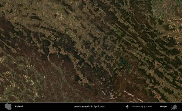 powiat sanocki. Nisan 2020 'de Copernicus Sentinel karolarından oluşan bir uydu görüntüsü üzerine Polonya' nın idari bölgesi