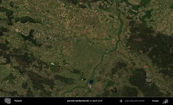 powiat sandomierski. Nisan 2018 'de çekilen Kopernik Sentinel karolarından oluşan bir uydu görüntüsü üzerine Polonya' nın idari bölgesi