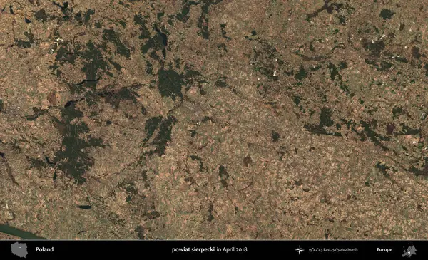 powiat sierpecki. Nisan 2018 'de çekilen Kopernik Sentinel karolarından oluşan bir uydu görüntüsü üzerine Polonya' nın idari bölgesi