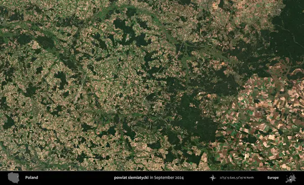 powiat siemiatycki. Eylül 2024 'te çekilen Kopernik Sentinel karolarından oluşan uydu görüntüsü üzerine Polonya' nın idari bölgesi