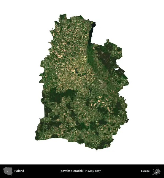 powiat sieradzki. Polonya idari bölgesi, Mayıs 2017 'de çekilen Kopernik Nöbetçi karolarından oluşan bir uydu görüntüsü üzerinde beyaza izole edildi.