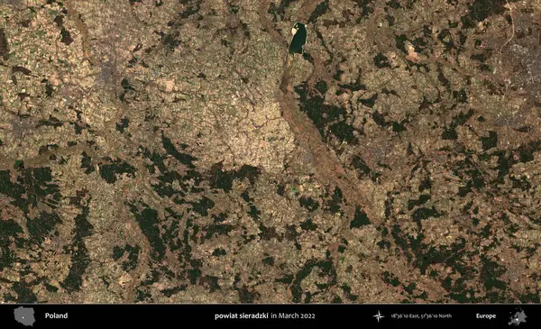 powiat sieradzki. Copernicus Sentinel 'in Mart 2022' de çekilmiş uydu görüntüsü üzerine Polonya 'nın idari bölgesi.