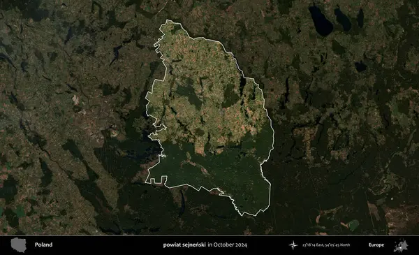 powiat sejnenski. Polonya 'nın idari alanı, Ekim 2024' te çekilen Kopernik Nöbetçi karolarından oluşan koyu renkli bir uydu görüntüsü üzerine vurgulandı ve özetlendi