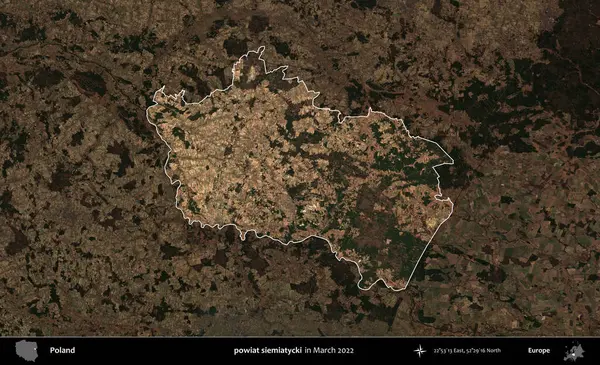 powiat siemiatycki. Polonya 'nın idari alanı, Mart 2022' de çekilen Kopernik Nöbetçi karolarından oluşan koyu renkli bir uydu görüntüsü üzerine vurgulandı ve özetlendi.