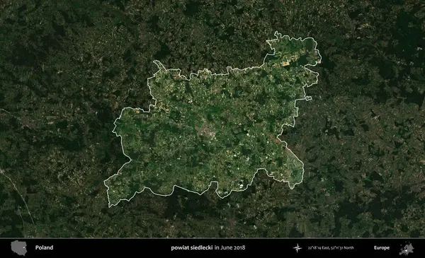 Powiat Sidlecki. Polonya 'nın idari alanı, Haziran 2018' de çekilen Kopernik Nöbetçi karolarından oluşan koyu renkli bir uydu görüntüsüyle vurgulandı ve özetlendi