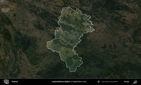 wojewodz2 slaskie. Polonya 'nın idari alanı, Eylül 2020' de çekilen Kopernik Nöbetçi karolarından oluşan koyu renkli bir uydu görüntüsü üzerine vurgulandı ve özetlendi