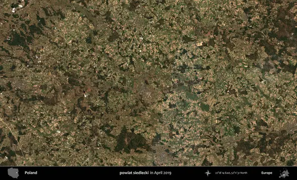 Powiat Sidlecki. Nisan 2019 'da çekilen Kopernik Sentinel karolarından oluşan bir uydu görüntüsü üzerine Polonya' nın idari bölgesi
