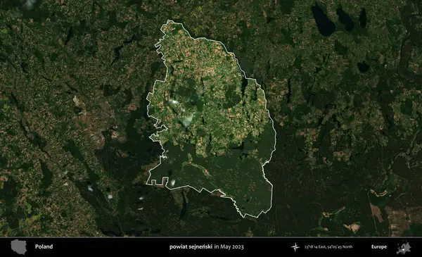 powiat sejnenski. Polonya 'nın idari alanı, Mayıs 2023' te çekilen Kopernik Nöbetçi karolarından oluşan koyu renkli bir uydu görüntüsü üzerinde vurgulandı ve özetlendi.