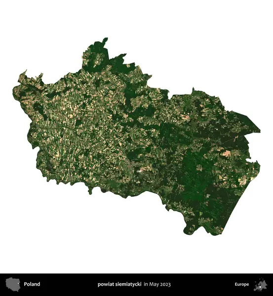 powiat siemiatycki. Polonya 'nın idari bölgesi, Mayıs 2023' te çekilen Kopernik Nöbetçi Fayanslarından oluşan bir uydu görüntüsüyle beyaza izole edildi.