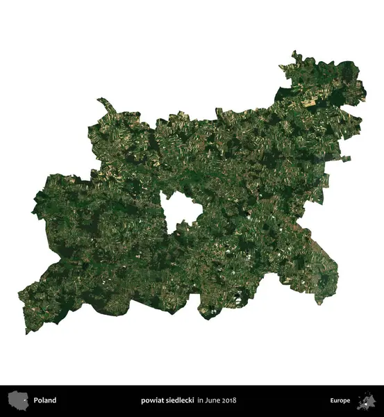 Powiat Sidlecki. Polonya idari bölgesi, Haziran 2018 'de çekilen Kopernik Nöbetçi karolarından oluşan bir uydu görüntüsü üzerinde beyaza izole edildi.
