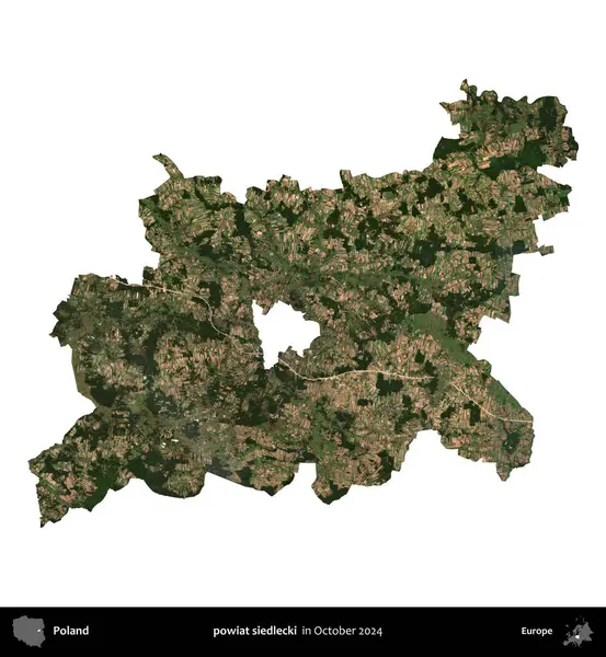 Powiat Sidlecki. Polonya idari bölgesi, Ekim 2024 'te çekilen Kopernik Nöbetçi karolarından oluşan bir uydu görüntüsü üzerinde beyaza izole edildi.