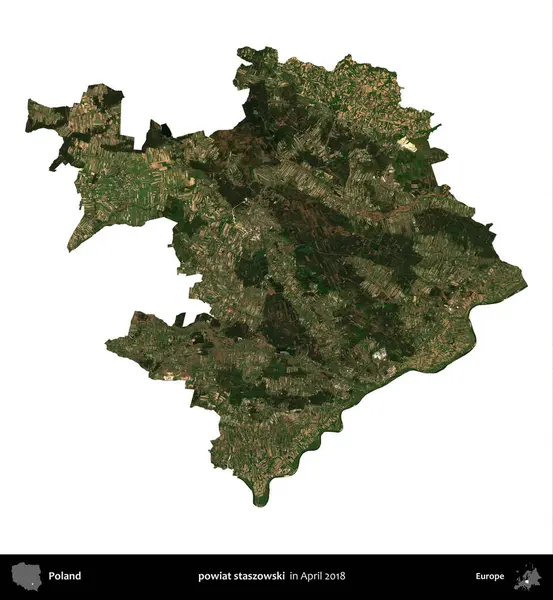 powiat staszowski. Polonya idari bölgesi, Nisan 2018 'de çekilen Kopernik Nöbetçi karolarından oluşan bir uydu görüntüsü üzerinde beyaza izole edildi.