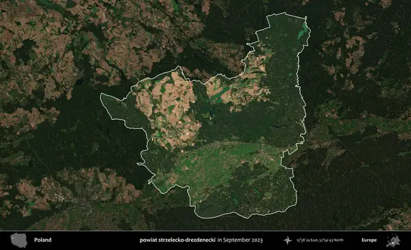 powiat strzelecko-drezdenecki. Polonya 'nın idari alanı, Eylül 2023' te çekilen Kopernik Nöbetçi karolarından oluşan koyu renkli bir uydu görüntüsü üzerine vurgulandı ve özetlendi.