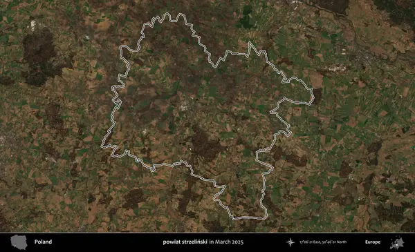 powiat strzelinski. Polonya 'nın idari bölgesinin ana hatları, Mart 2025' te çekilen Kopernik Nöbetçi karolarından oluşan bir uydu görüntüsü üzerine çizildi.