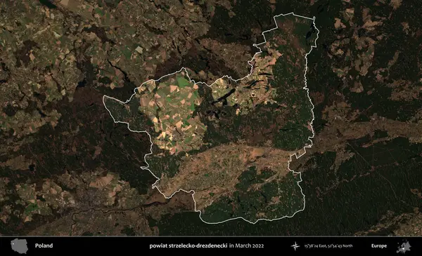 powiat strzelecko-drezdenecki. Polonya 'nın idari alanı, Mart 2022' de çekilen Kopernik Nöbetçi karolarından oluşan koyu renkli bir uydu görüntüsü üzerine vurgulandı ve özetlendi.