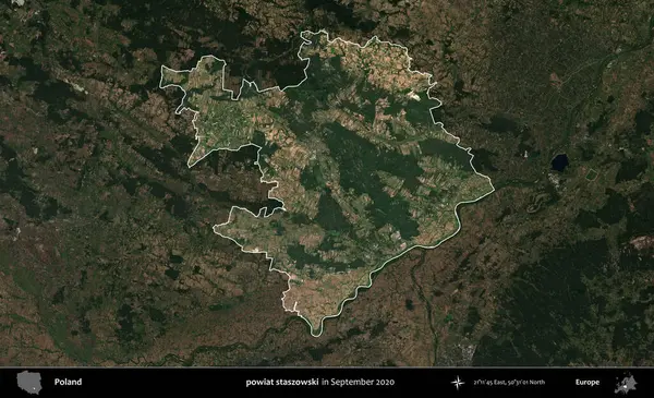 powiat staszowski. Polonya 'nın idari alanı, Eylül 2020' de çekilen Kopernik Nöbetçi karolarından oluşan koyu renkli bir uydu görüntüsü üzerine vurgulandı ve özetlendi