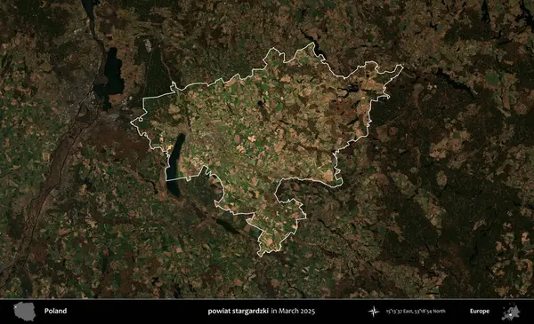 powiat stargardzki. Polonya 'nın idari alanı, Mart 2025' te çekilen Kopernik Nöbetçi karolarından oluşan koyu renkli bir uydu görüntüsü üzerine vurgulandı ve özetlendi