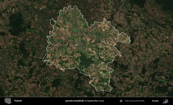 powiat strzelinski. Polonya 'nın idari alanı, Eylül 2023' te çekilen Kopernik Nöbetçi karolarından oluşan koyu renkli bir uydu görüntüsü üzerine vurgulandı ve özetlendi.