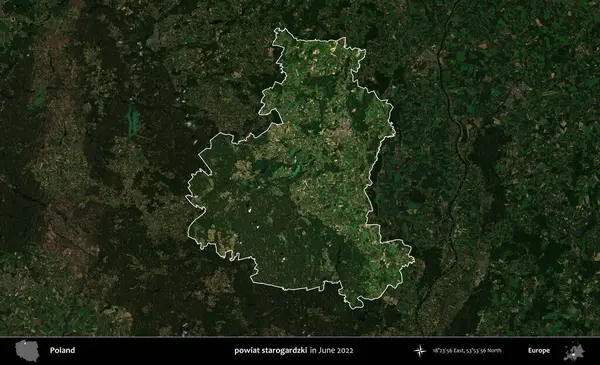 powiat starogardzki. Polonya 'nın idari alanı, Haziran 2022' de çekilen Kopernik Nöbetçi karolarından oluşan koyu renkli bir uydu görüntüsü üzerine vurgulandı ve özetlendi.