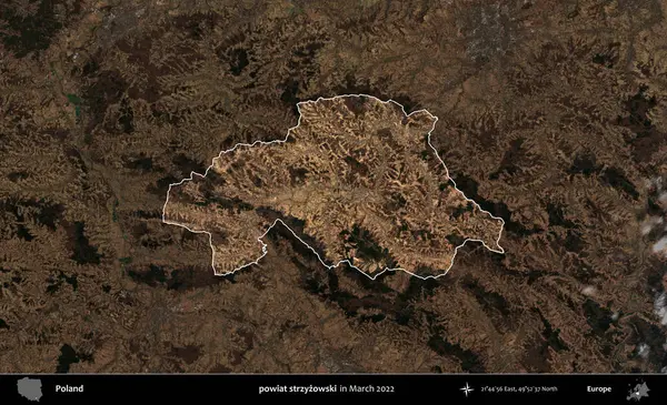 powiat strzyzowski. Polonya 'nın idari alanı, Mart 2022' de çekilen Kopernik Nöbetçi karolarından oluşan koyu renkli bir uydu görüntüsü üzerine vurgulandı ve özetlendi.