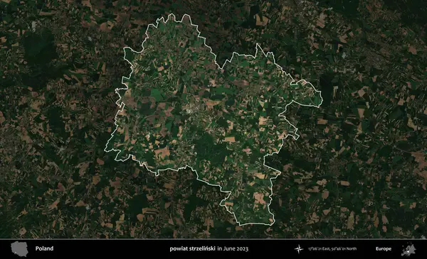 powiat strzelinski. Polonya 'nın idari alanı, Haziran 2023' te çekilen Kopernik Nöbetçi karolarından oluşan koyu renkli bir uydu görüntüsü üzerine vurgulandı ve özetlendi.