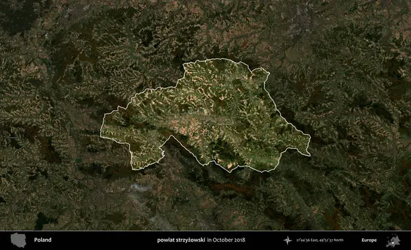 powiat strzyzowski. Polonya 'nın idari alanı, Ekim 2018' de çekilen Kopernik Nöbetçi karolarından oluşan koyu renkli bir uydu görüntüsü üzerine vurgulandı ve özetlendi