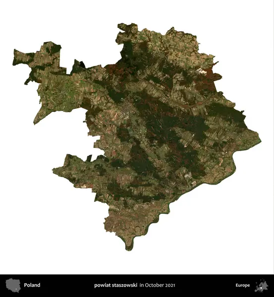 powiat staszowski. Polonya idari bölgesi, Ekim 2021 'de çekilen Kopernik Nöbetçi karolarından oluşan bir uydu görüntüsü üzerinde beyaza izole edildi.